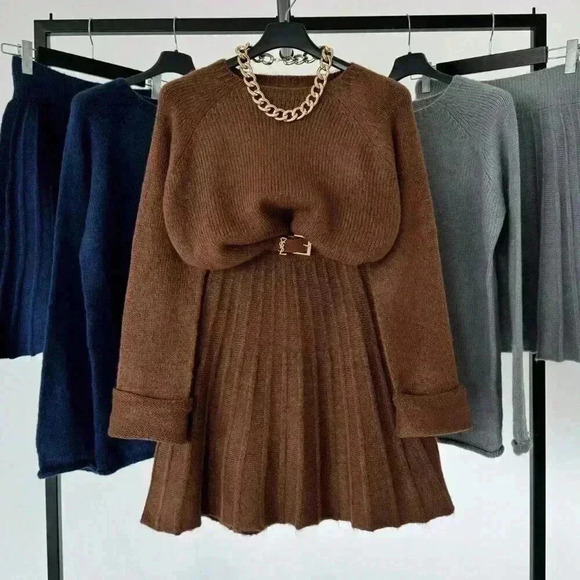 Women's Casual College Style Solid Color Sweater And Pleated Skirt - Picture 4 of 7